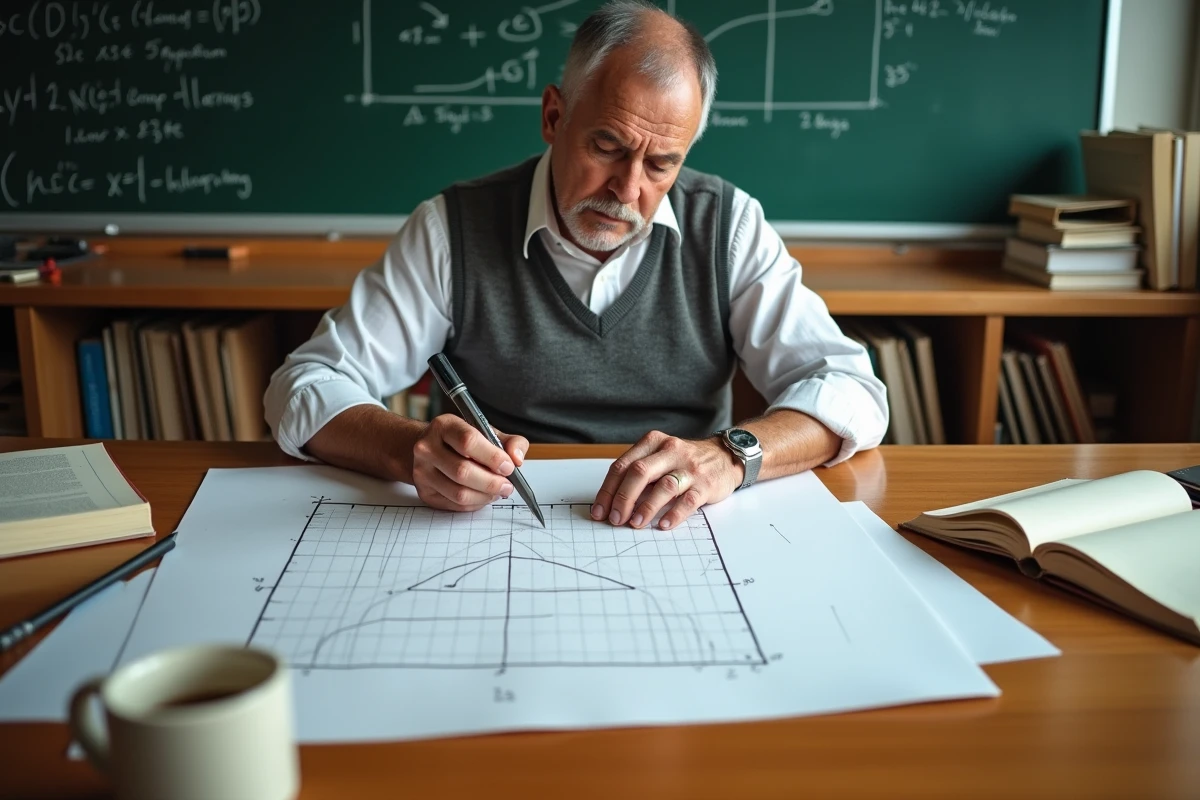 Homme calculant un carré sur papier graphique en classe