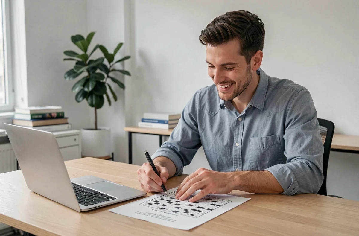 Homme concentré remplissant une grille de mots croisés imprimée à son bureau avec un stylo