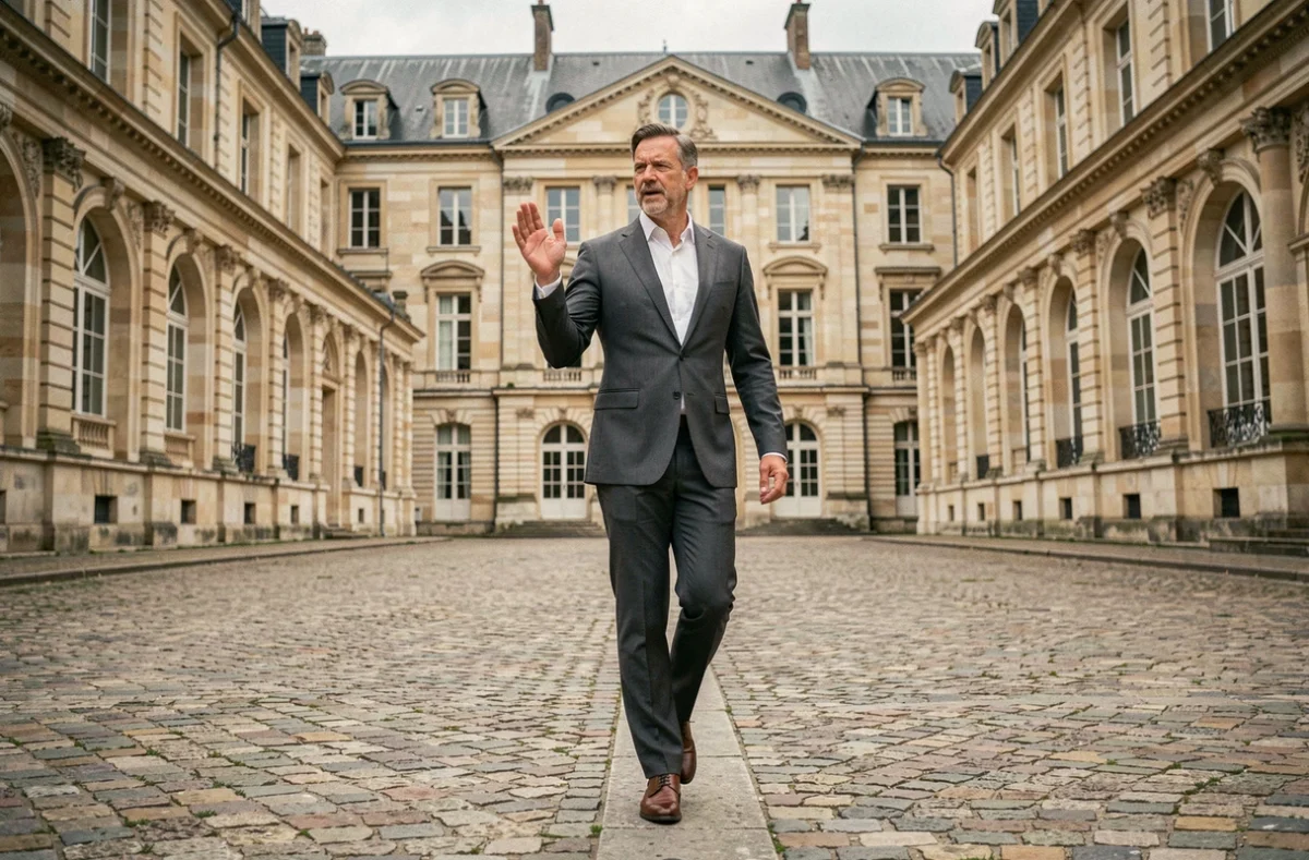Homme en costume gris marchant d'un pas décidé dans la cour d'un palais historique français, posture verticale et image de pouvoir politique