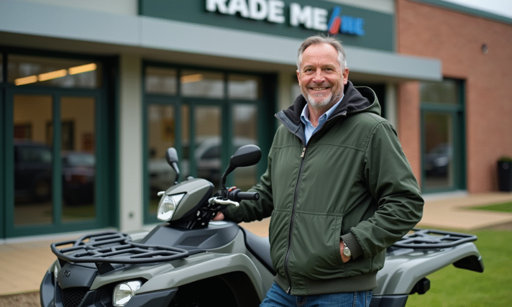 Homme souriant avec quad dans un showroom moderne