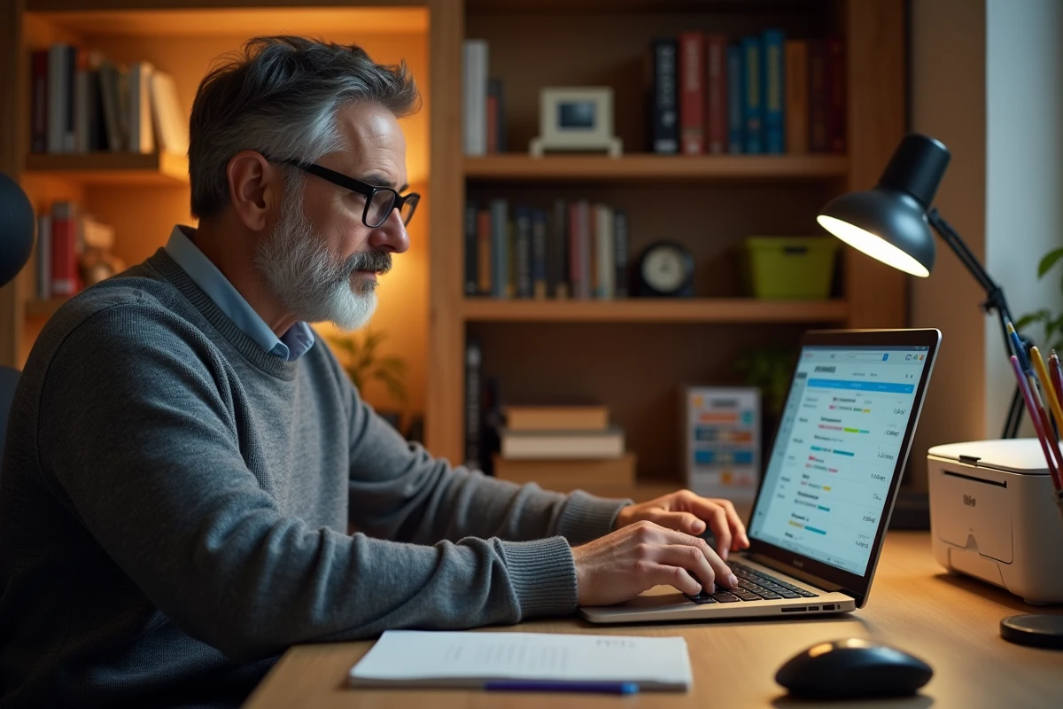 Homme comparant les prix de cartouches d'imprimante en ligne depuis son bureau à domicile au Luxembourg