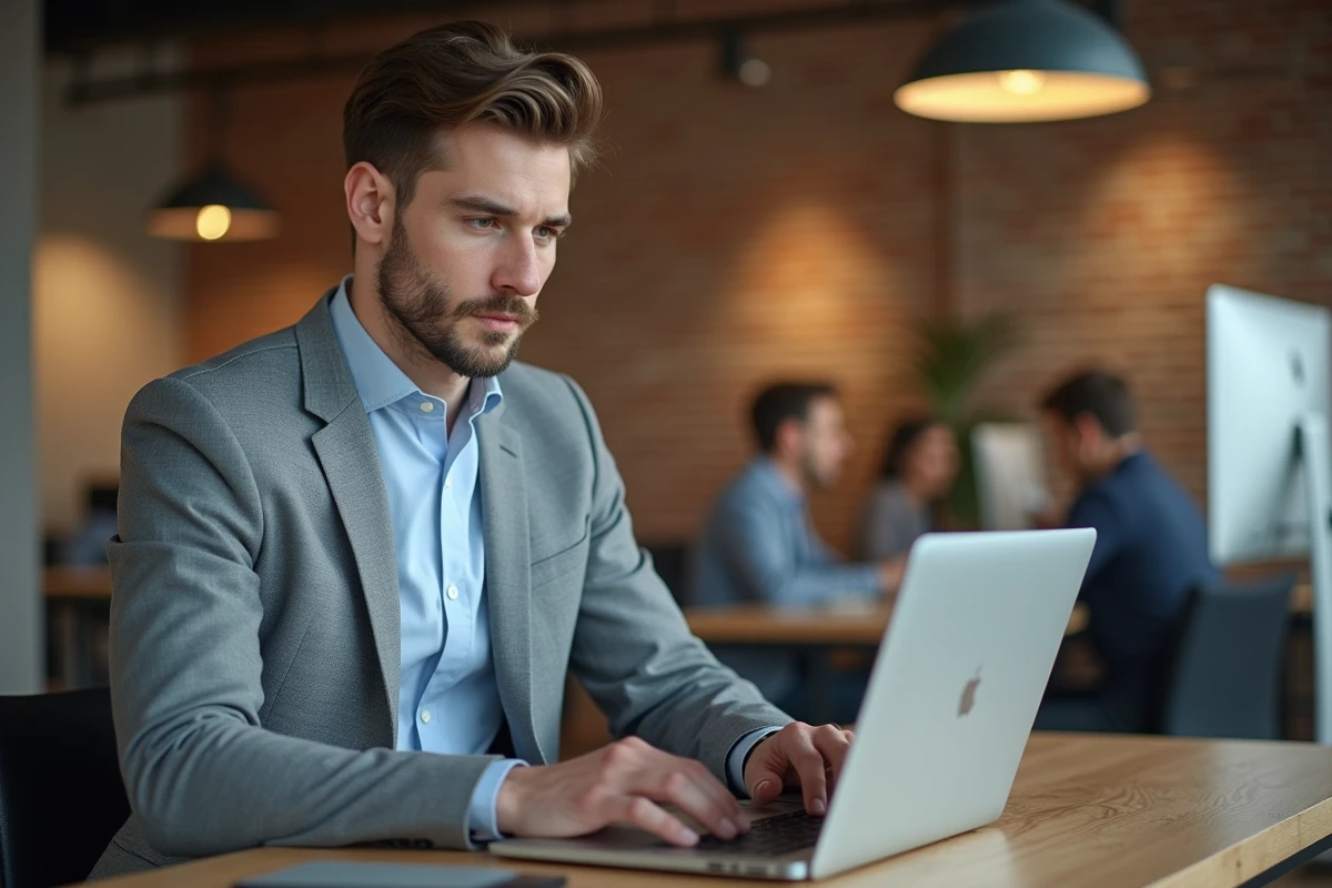 Jeune homme en costume rédigeant une lettre de motivation sur ordinateur dans un espace de coworking, symbolisant la recherche d'emploi après un stage