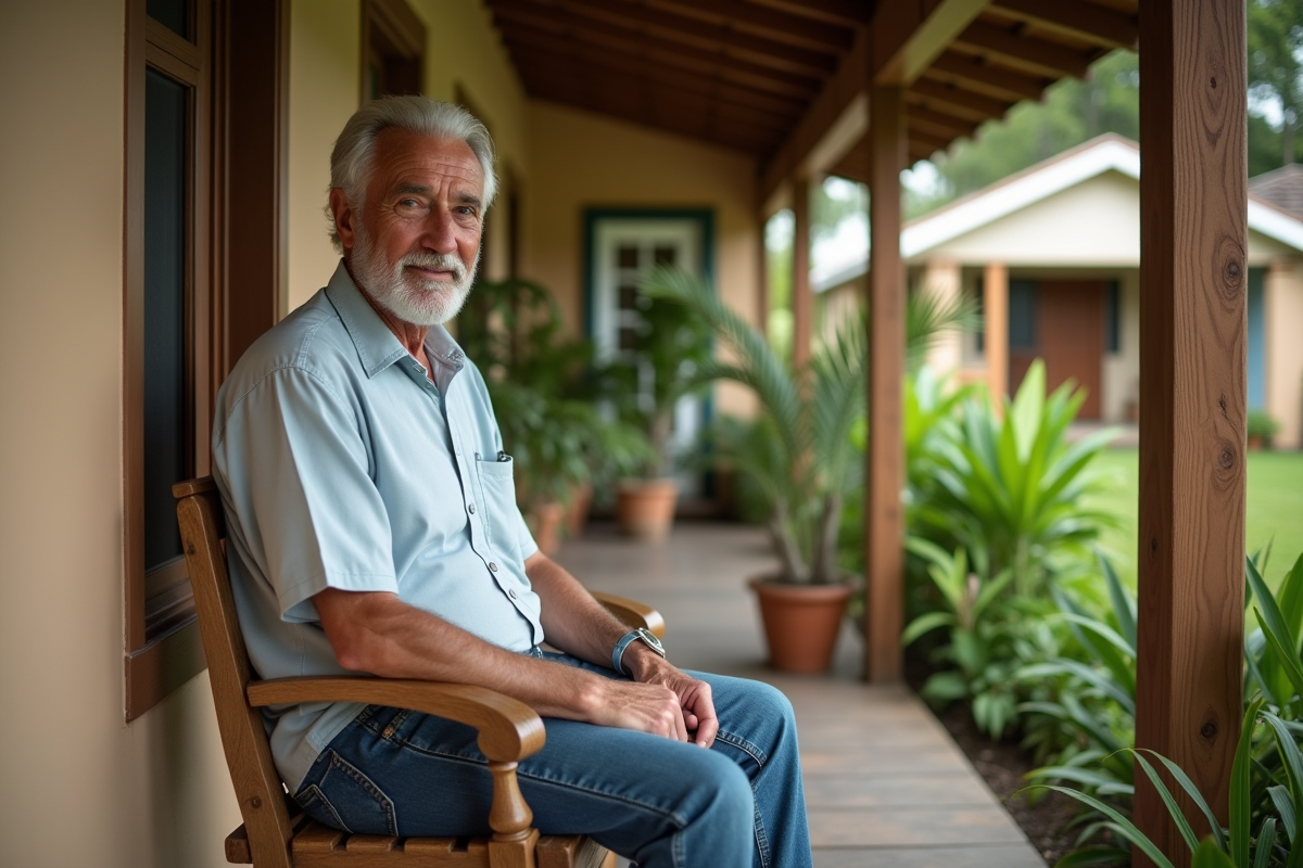 Homme âgé assis sur un porche dans un quartier tropical