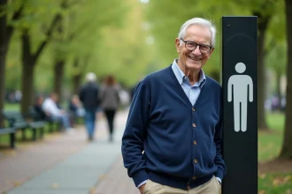 Homme senior souriant près d'un panneau de toilettes dans un parc