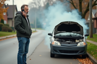 Homme stressé parlant au téléphone près d'une voiture en panne