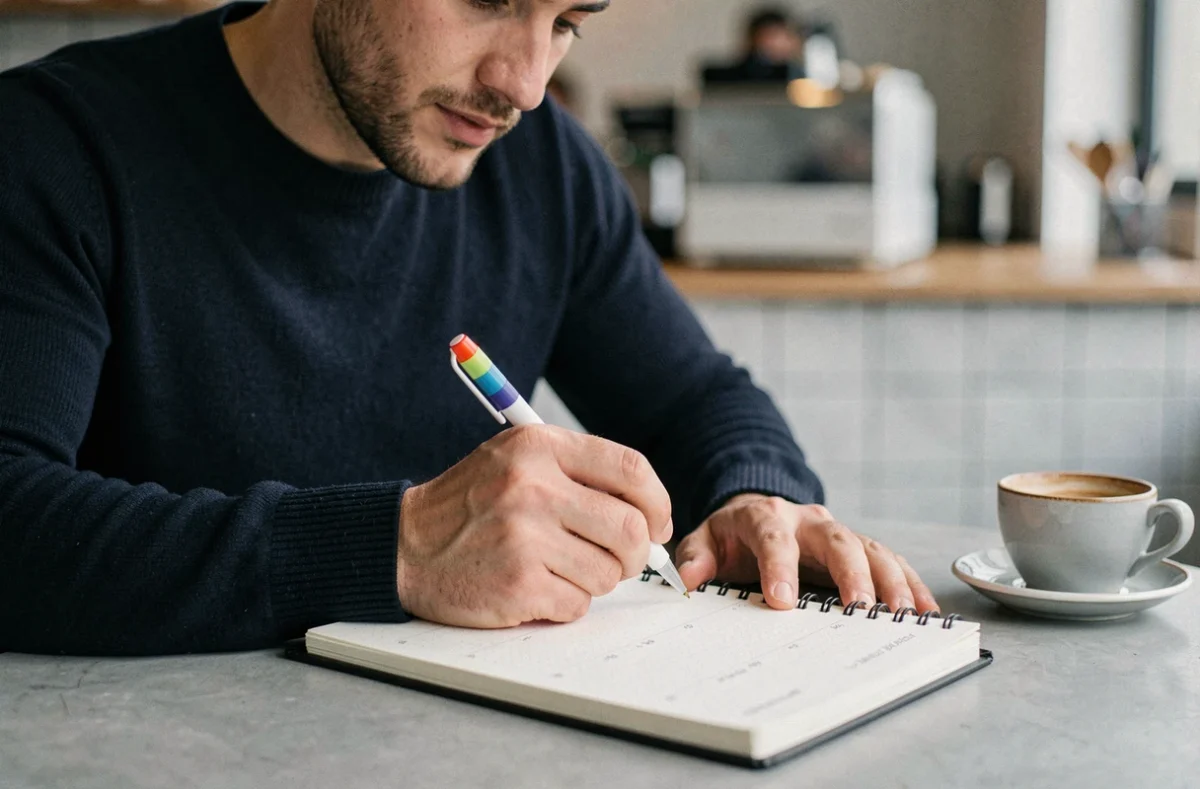 Homme utilisant un stylo 4 couleurs effaçable dans un café pour planifier son agenda mensuel