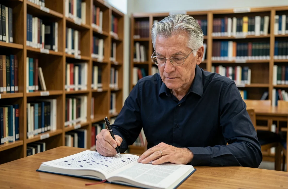 Homme mûr en train de résoudre un puzzle sudoku dans une bibliothèque publique, exercice cérébral et logique