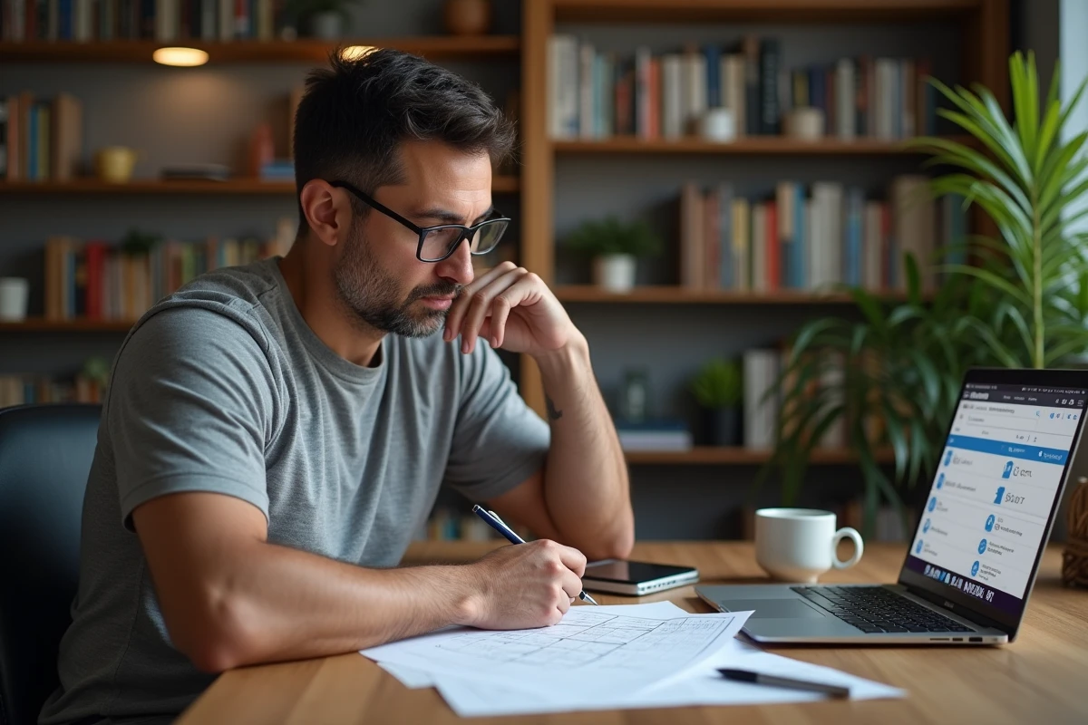 Homme consultant un tableau de conversion d'unités sur son bureau avec un ordinateur portable, pour convertir des millilitres en autres mesures