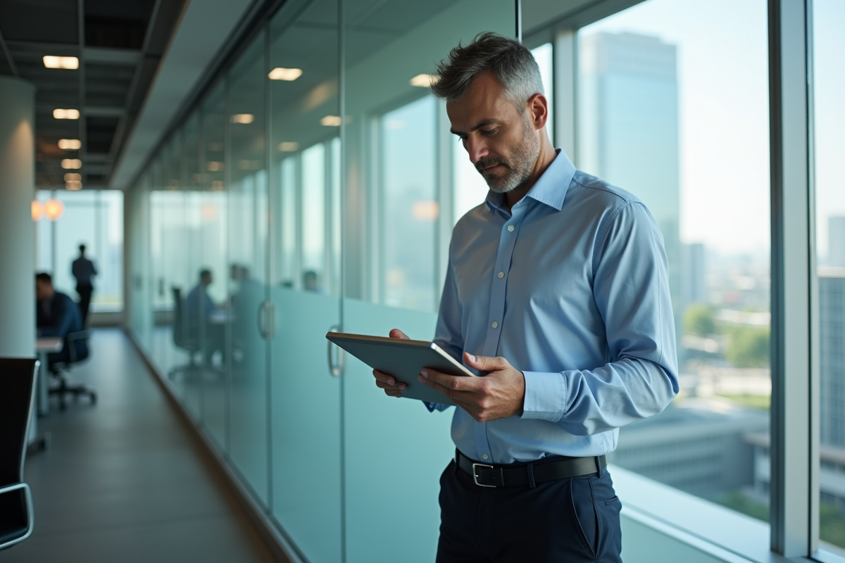 Homme d affaires vérifiant une checklist sur tablette