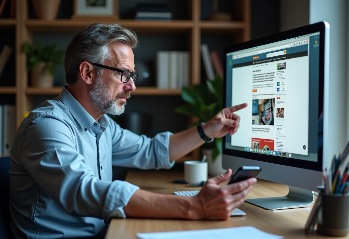 Homme regardant des onglets de sites frauduleux sur son écran