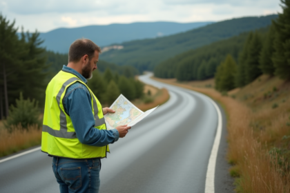 Homme en veste jaune consulte une carte sur une route rurale