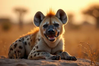 Hyène tachetée avec une expression comique allongée sur un rocher dans la savane africaine, rappelant le personnage Ed du Roi Lion