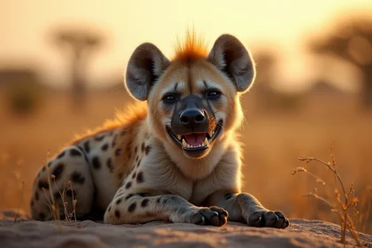 Hyène tachetée avec une expression comique allongée sur un rocher dans la savane africaine, rappelant le personnage Ed du Roi Lion