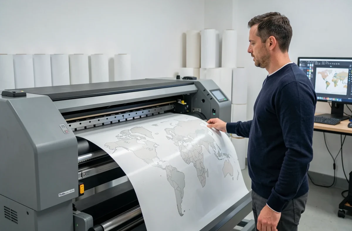 Homme supervisant l'impression d'une carte du monde vierge en haute résolution dans un studio professionnel