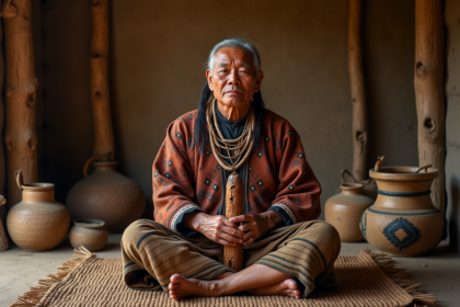 Homme indigene assis dans une hutte traditionnelle