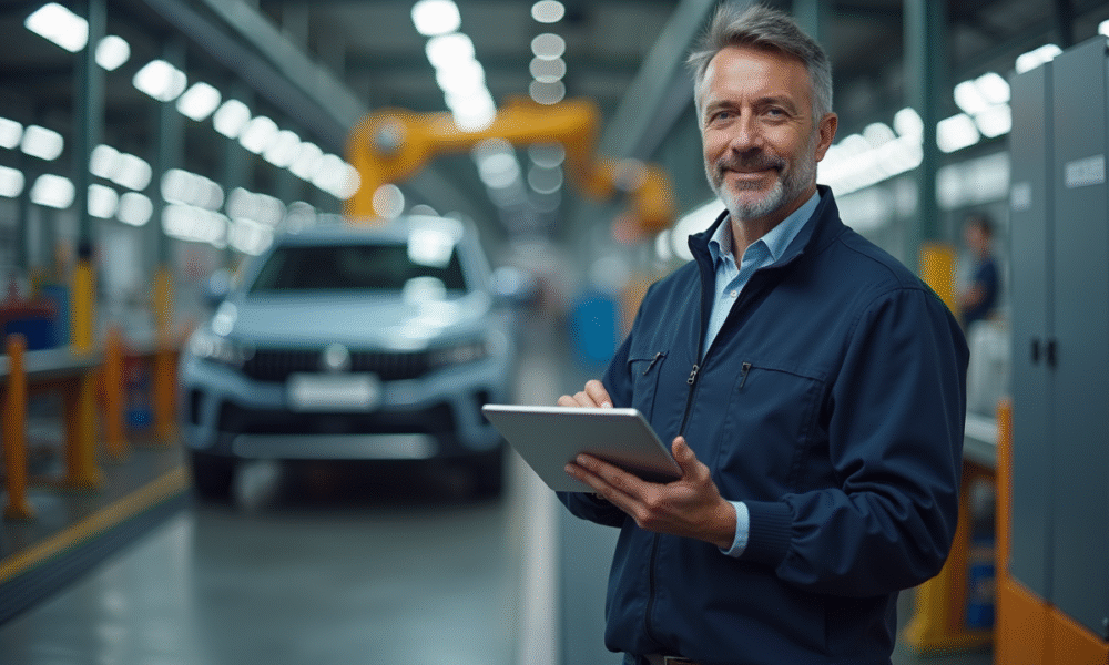 Ingénieur automobile français avec tablette devant ligne de montage