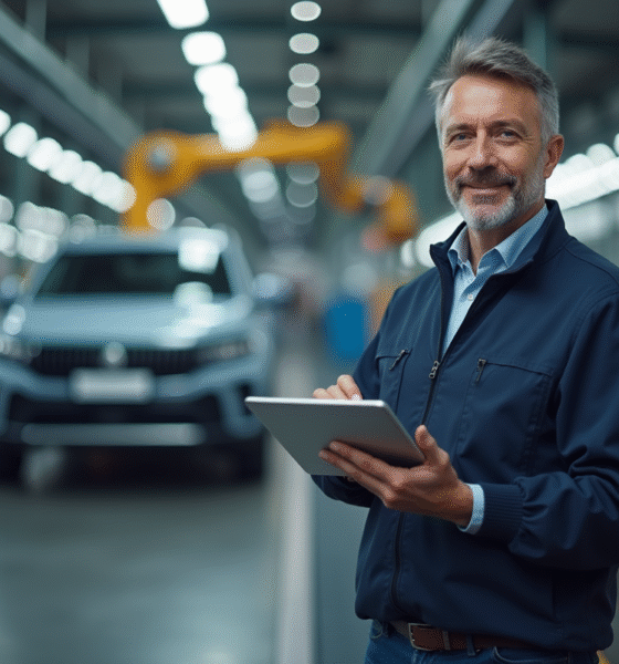 Ingénieur automobile français avec tablette devant ligne de montage