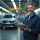Ingénieur automobile français avec tablette devant ligne de montage