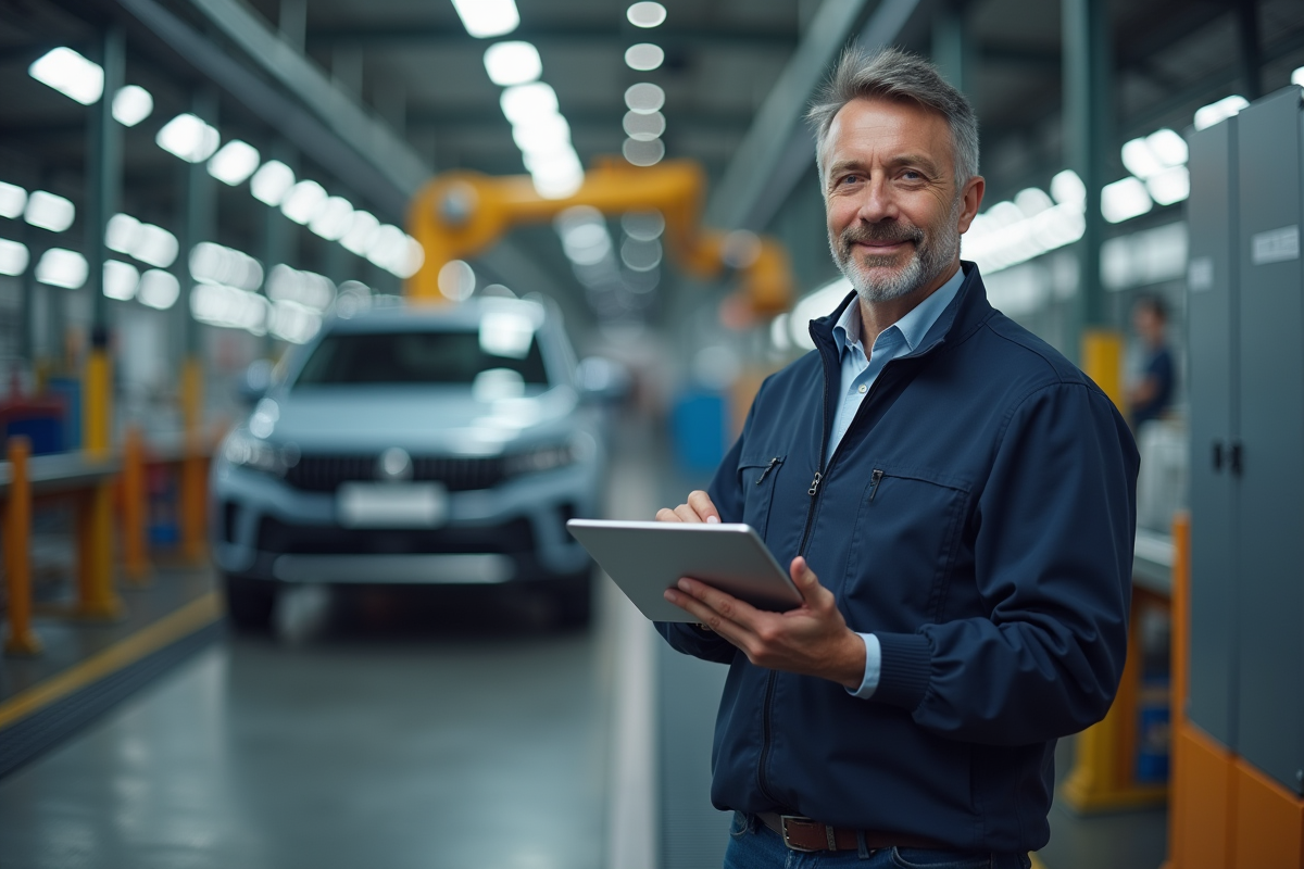 Ingénieur automobile français avec tablette devant ligne de montage
