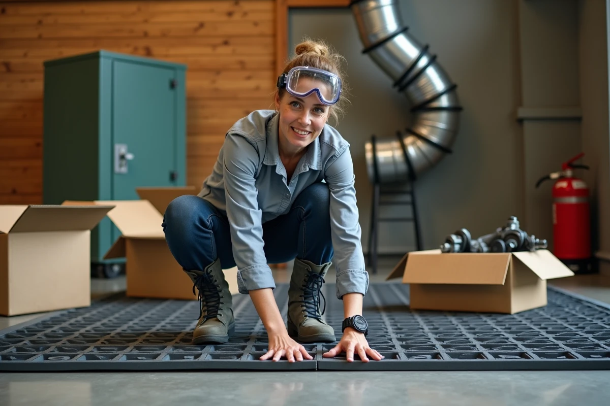 Femme installant des tapis anti-fatigue en caoutchouc dans un atelier de soudure en cours d'aménagement avec équipements de sécurité