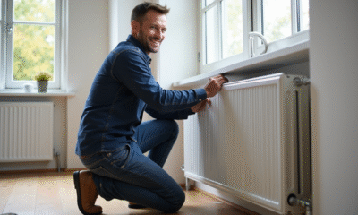 Homme moyenâgeux installe un radiateur moderne dans un salon rénové