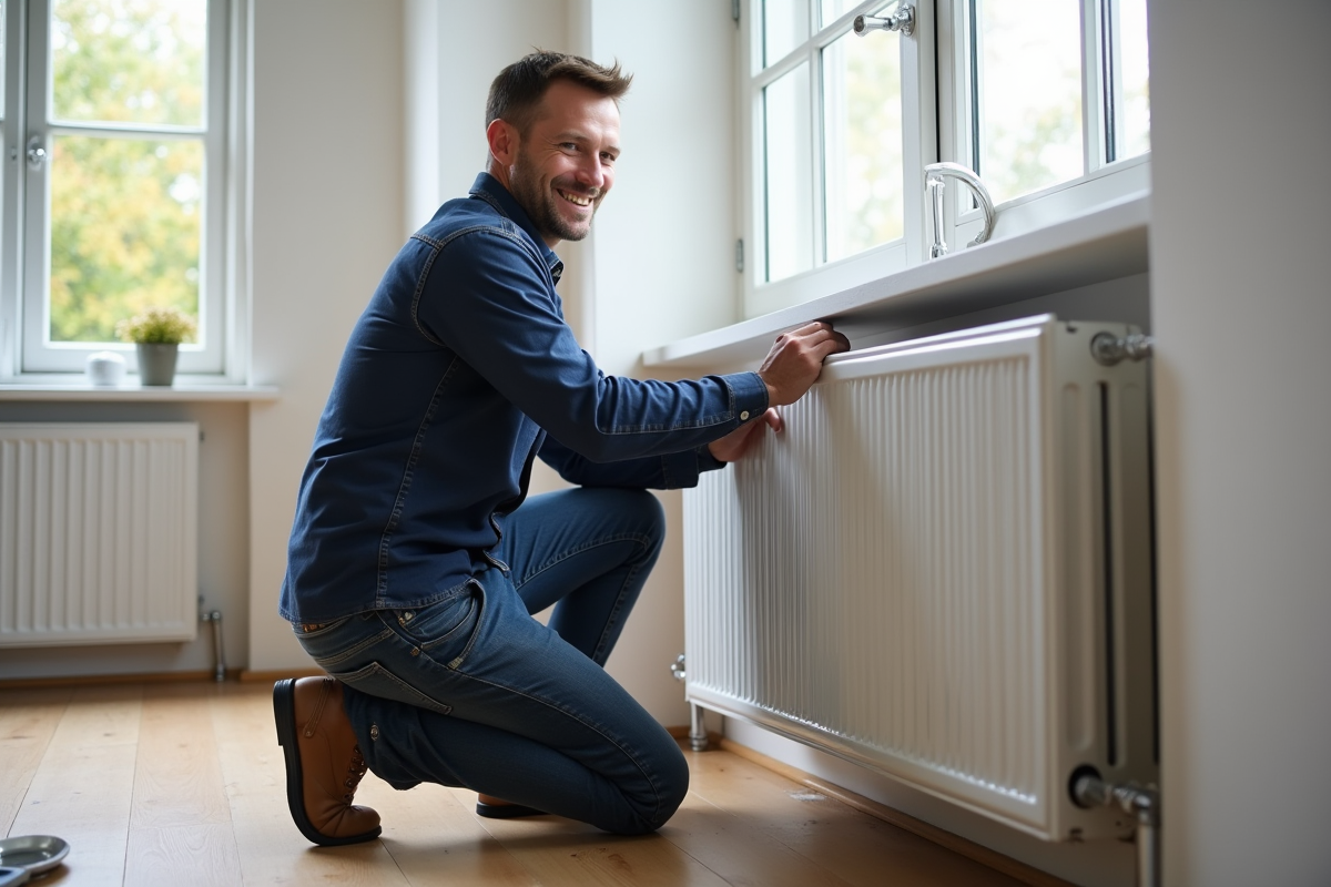Homme moyenâgeux installe un radiateur moderne dans un salon rénové
