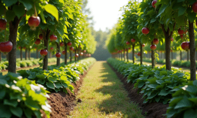 Jardin luxuriant avec sureaux et pommiers en espalier en plein soleil