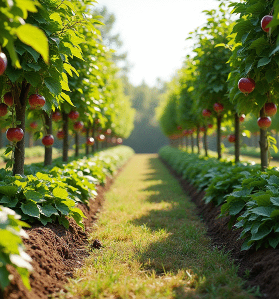 Jardin luxuriant avec sureaux et pommiers en espalier en plein soleil