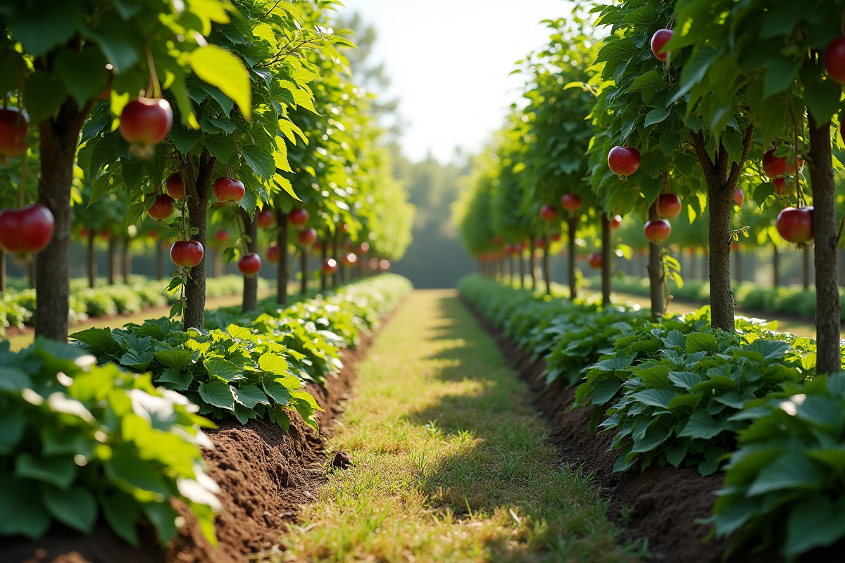 Jardin luxuriant avec sureaux et pommiers en espalier en plein soleil