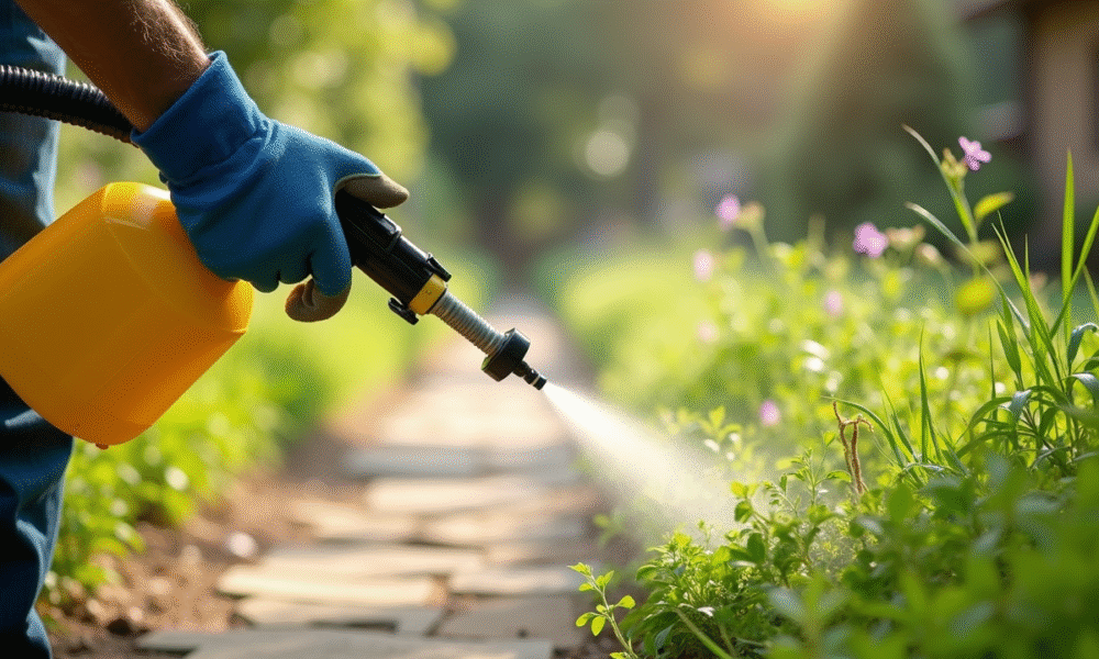 Jardinier pulvérisant un traitement contre les mauvaises herbes dans un chemin ensoleille