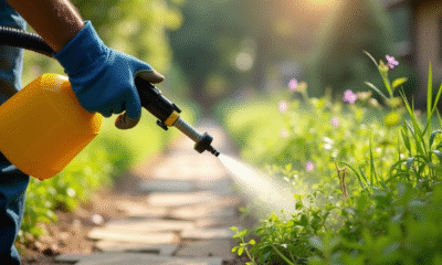Jardinier pulvérisant un traitement contre les mauvaises herbes dans un chemin ensoleille