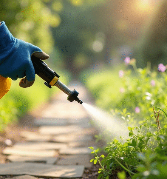Jardinier pulvérisant un traitement contre les mauvaises herbes dans un chemin ensoleille