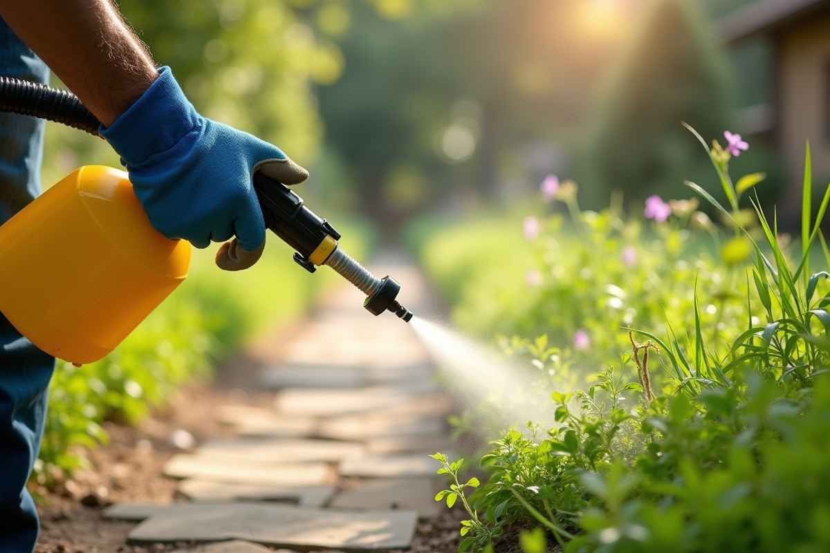 Jardinier pulvérisant un traitement contre les mauvaises herbes dans un chemin ensoleille