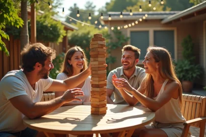 Groupe d'amis jouant au jeu de palmier alcool en terrasse lors d'une soirée estivale détendue