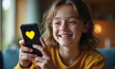 Jeune personne souriante avec smartphone affichant Snapchat et emoji cœur
