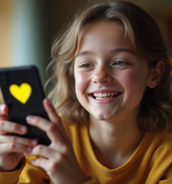 Jeune personne souriante avec smartphone affichant Snapchat et emoji cœur