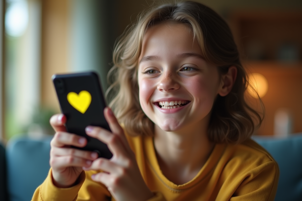 Jeune personne souriante avec smartphone affichant Snapchat et emoji cœur