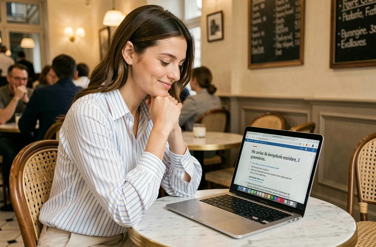 Jeune femme dans un café parisien consultant un article sur la conjugaison française, réfléchissant à l'usage correct de 'faisait'