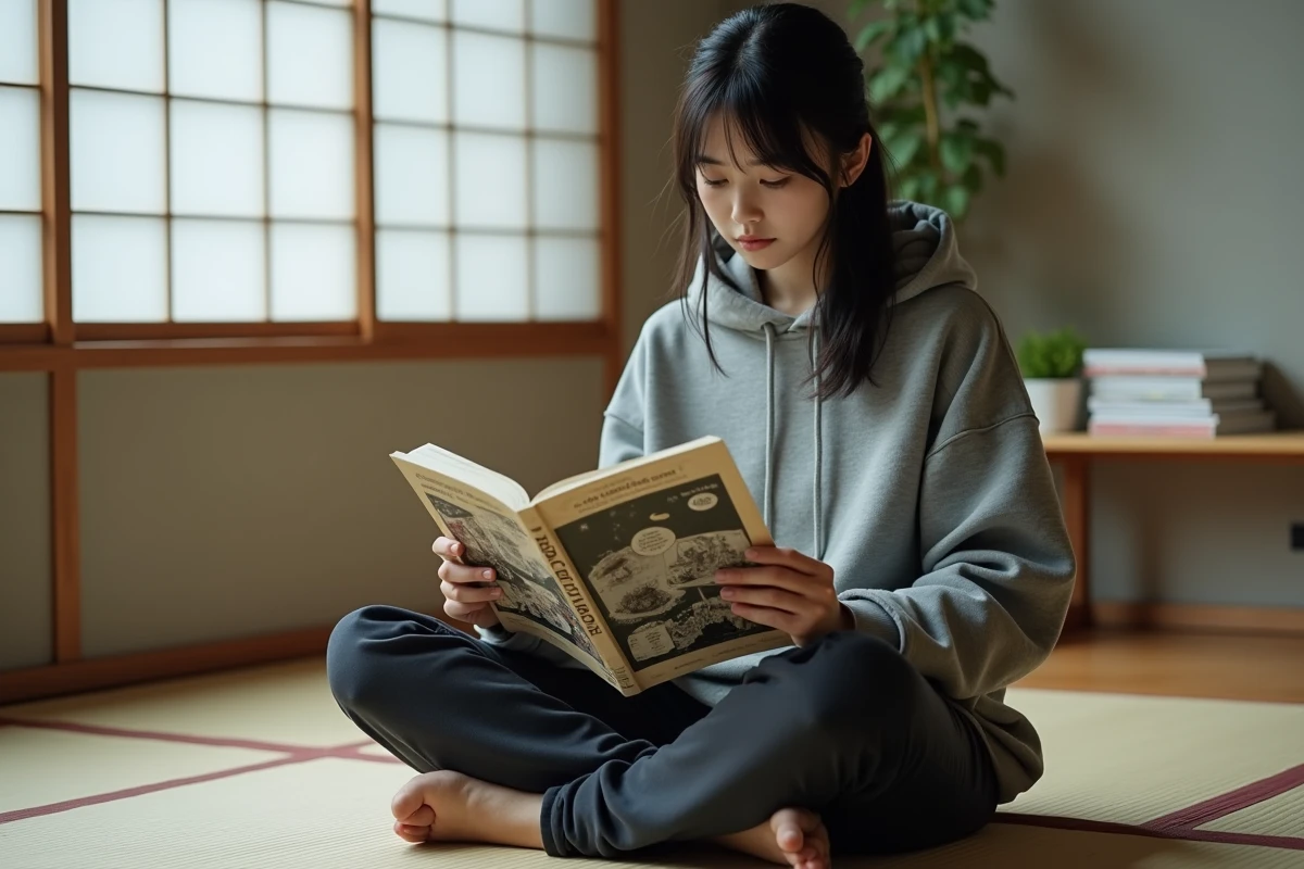 Jeune femme lisant un manga dans une pièce traditionnelle japonaise avec tatami et shoji