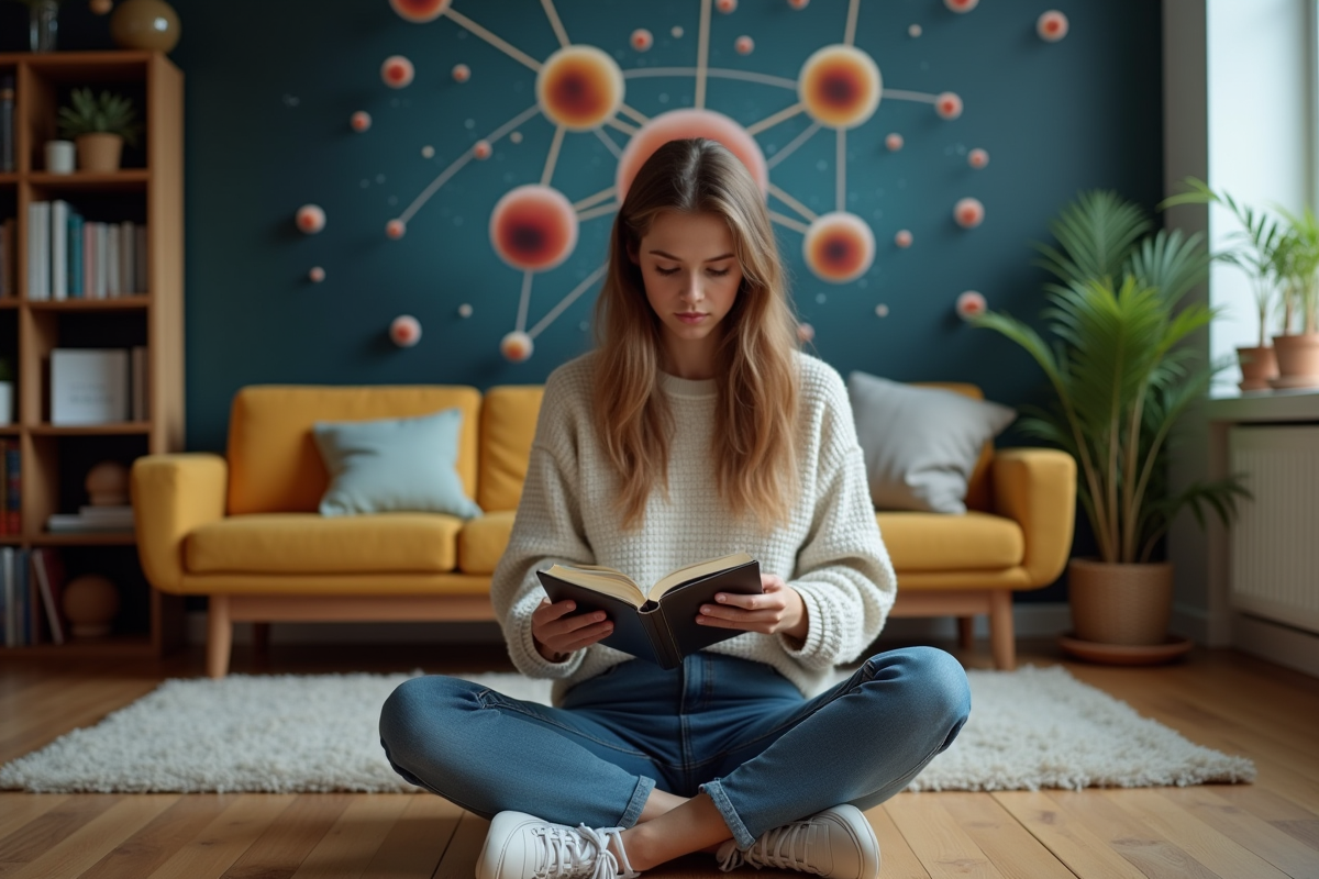 Jeune femme lisant un livre sur la mécanique quantique à la maison