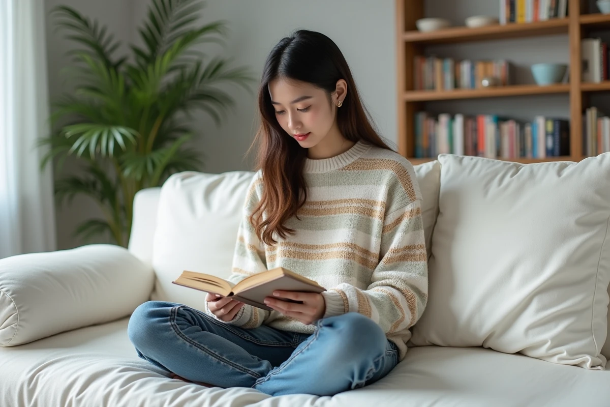 Jeune femme lisant un manhwa dans un salon scandinave moderne