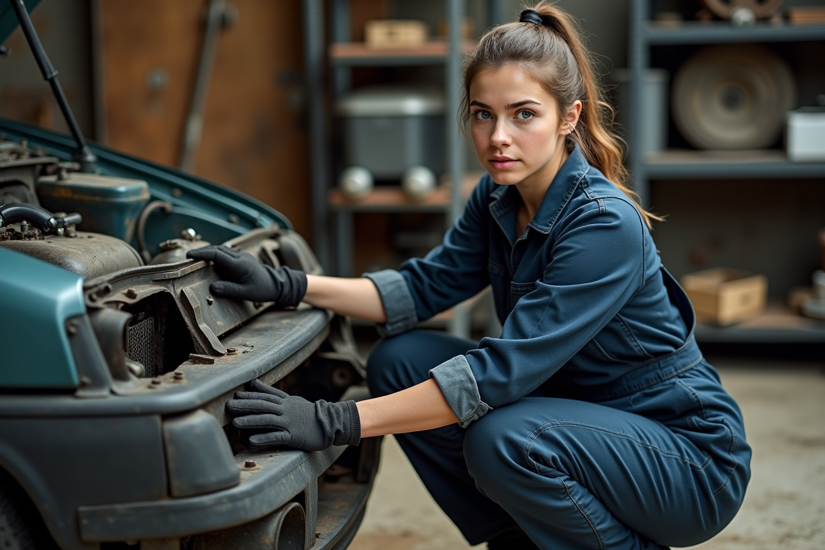 Jeune mécanicienne travaillant sur un moteur dans un garage