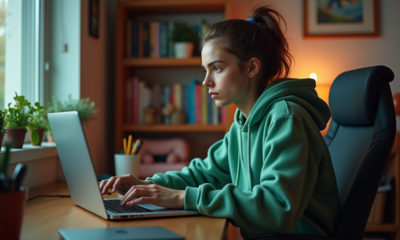 Jeune femme concentrée sur son ordinateur dans une chambre cosy