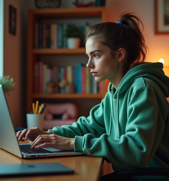 Jeune femme concentrée sur son ordinateur dans une chambre cosy