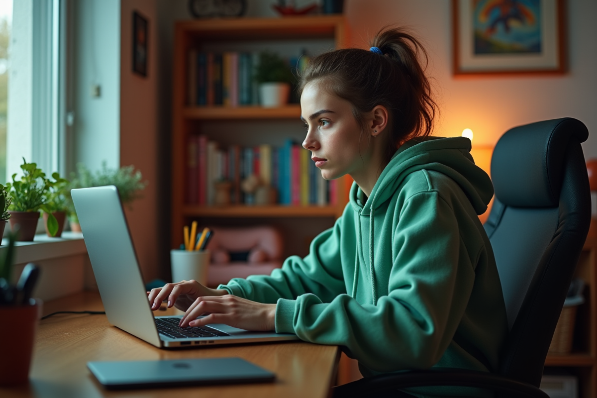 Jeune femme concentrée sur son ordinateur dans une chambre cosy