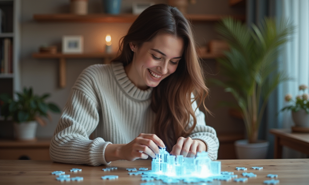 Jeune femme assemble un puzzle 3D lumineux dans un salon cosy