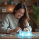 Jeune femme assemble un puzzle 3D lumineux dans un salon cosy