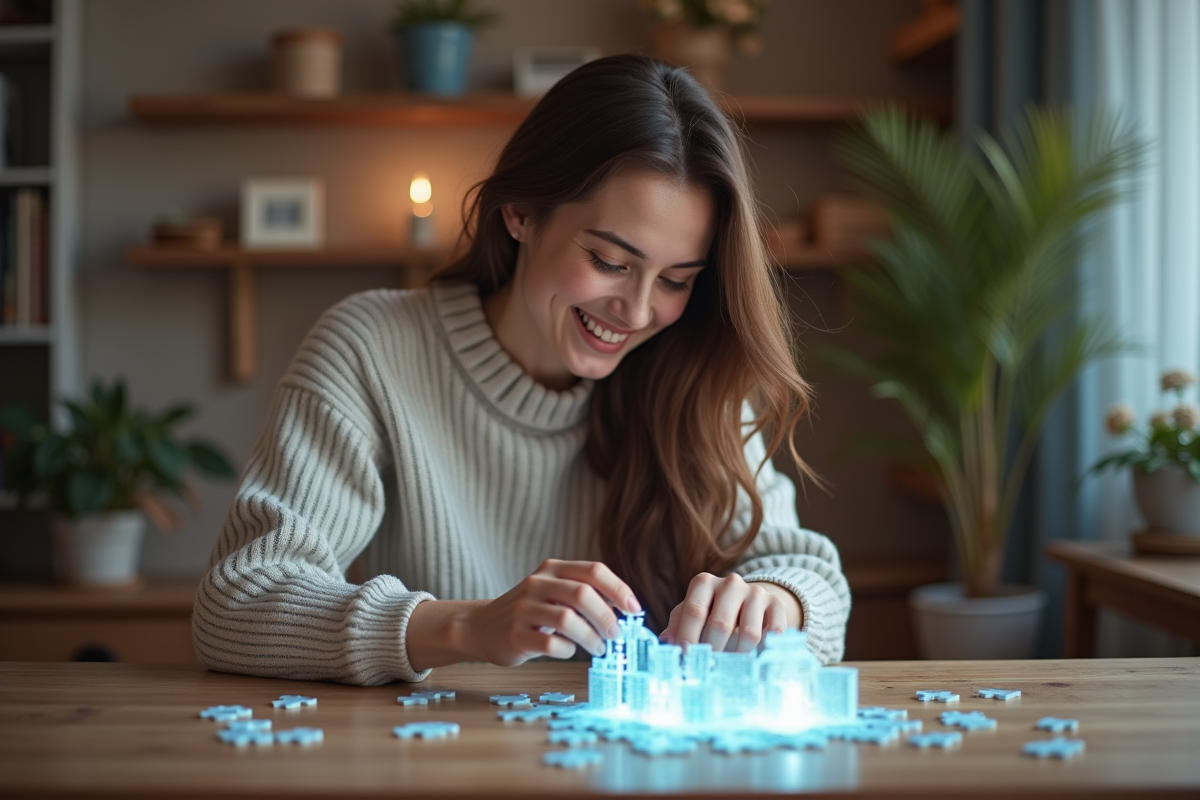 Jeune femme assemble un puzzle 3D lumineux dans un salon cosy