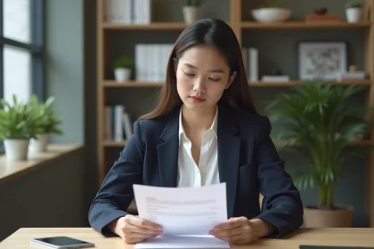 Jeune femme professionnelle relisant son CV à un bureau moderne, illustrant la valorisation d'une expérience de stage sur un CV