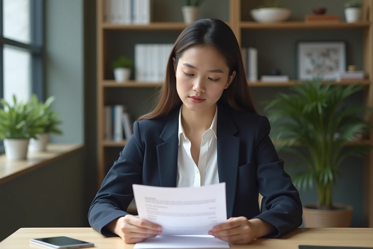 Jeune femme professionnelle relisant son CV à un bureau moderne, illustrant la valorisation d'une expérience de stage sur un CV